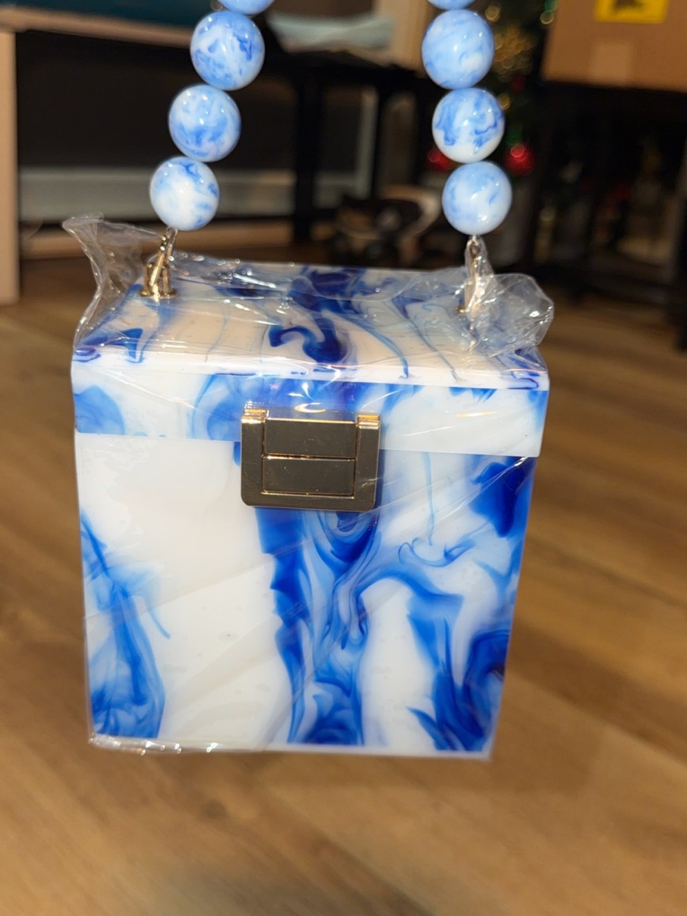 Blue & White Swirl Acrylic Box Handbag by